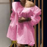 Oversized Women Cotton Shirt Dress Cute Ladies Puff Sleeve Off Shoulder Loose Elegant Street Vacation Outfits Summer Fall