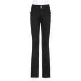 Vintage black low rise striped flare denim pants mall goth indie aesthetic pockets patchwork jeans women y2k wide leg trousers