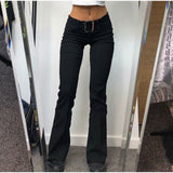 Vintage black low rise striped flare denim pants mall goth indie aesthetic pockets patchwork jeans women y2k wide leg trousers