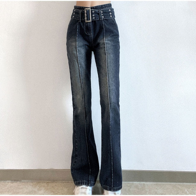 Vintage black low rise striped flare denim pants mall goth indie aesthetic pockets patchwork jeans women y2k wide leg trousers