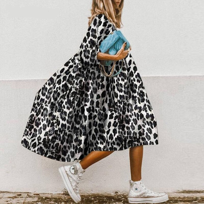 Casual Female Leopard Party Baggy Dress Elegant Print  Dress Women Long Midi Dress Autumn Summer Sundress Long Sleeve Robe