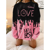Goosudu Pink Black Letter Print Oversized Crewneck Sweatshirt Women Loose O Neck Long Sleeve Pullover Thin Fashion Tops Spring Fall