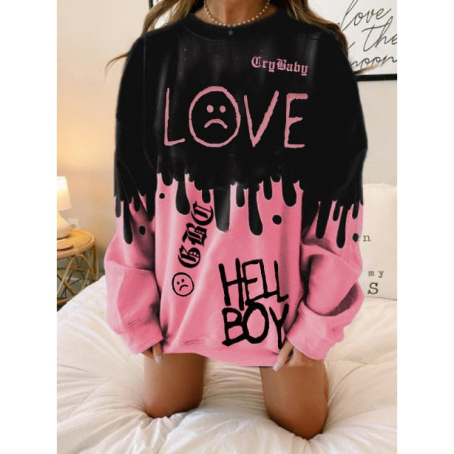 Goosudu Pink Black Letter Print Oversized Crewneck Sweatshirt Women Loose O Neck Long Sleeve Pullover Thin Fashion Tops Spring Fall