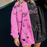 Goosudu Pink Black Letter Print Oversized Crewneck Sweatshirt Women Loose O Neck Long Sleeve Pullover Thin Fashion Tops Spring Fall