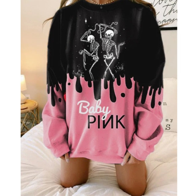 Goosudu Pink Black Letter Print Oversized Crewneck Sweatshirt Women Loose O Neck Long Sleeve Pullover Thin Fashion Tops Spring Fall