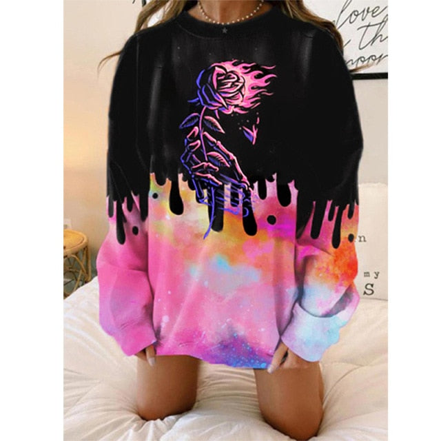Goosudu Pink Black Letter Print Oversized Crewneck Sweatshirt Women Loose O Neck Long Sleeve Pullover Thin Fashion Tops Spring Fall