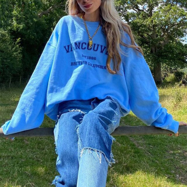 Goosudu Pink Black Letter Print Oversized Crewneck Sweatshirt Women Loose O Neck Long Sleeve Pullover Thin Fashion Tops Spring Fall