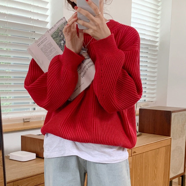 goosudu Women Solid Knitted Thickening Oversized Sweater Female Round Neck Long Sleeve Casual Loose Pullovers Top Autumn Winter