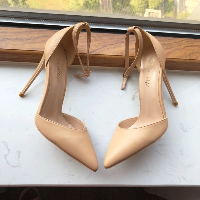 goosudu White Patent Leather Women Ankle Strap D'orsay Stiletto Pumps Pointed Toe Sexy High Heel Shoes 8cm 10cm 12cm Customize