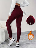 Women's High-Waist Fleece-Lined Leggings - Slimming, Stretchy & Warm for Winter, Solid Color with Pockets