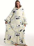 Cozy Plus Size Panda Pattern Fluffy Fleece Hooded Wearable TV Blanket Robe - Women's Plus Flannel Loungewear with Pockets for Ultimate Relaxation and Comfort