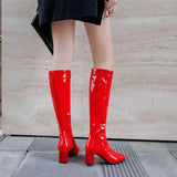 Autumn Winter Women Patent Leather Knee High Boots Women Waterproof White Red Black Party Fetish Shoes Lady Kq8