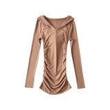 goosudu Riley Solid Color Hooded Long Sleeve Slim Ruched Mini Dress