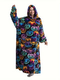 Cozy Halloween Pumpkin Fleece Hoodie - Oversized Wearable Blanket with Long Sleeves, Plus Size Available