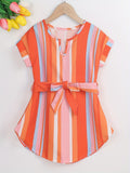 Toddler Girls Vertical Striped Curved Hem Notched Neck Belted Dress For Party Beach Vacation Kids Summer Clothes