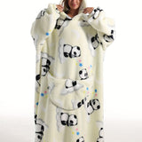 Cozy Plus Size Panda Pattern Fluffy Fleece Hooded Wearable TV Blanket Robe - Women's Plus Flannel Loungewear with Pockets for Ultimate Relaxation and Comfort