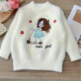 Girls Knit Sweater 'Girl & Snowflake' Pattern Embroidery Pullover Top Round Neck Knitwear For Fall Winter