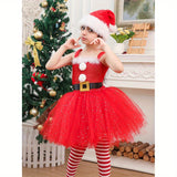 Santa Christmas Costume, Sleeveless Tulle Patchwork A-Line Dress + Long Stocking + Headband/Hat Cosplay Clothes
