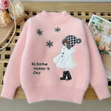 Girls Knit Sweater 'Girl & Snowflake' Pattern Embroidery Pullover Top Round Neck Knitwear For Fall Winter