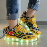 Boys Color Block LED Sneakers with Hook & Loop - USB Charging, Chunky Luminescent Soles, Trendy Retro Style, Ultra Comfortable