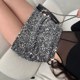 goosudu Alexa Silver Chic Shiny Sequined High-Waisted Slim High Waist Mini Skirt