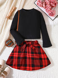 Girls 2pc Elegant Flare Long Sleeve Pullover + Plaid Skirt With Bow Belt Set Kids Clothes Spring Fall Christmas Gift Outdoor Wear