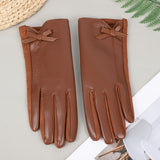 Women's PU Leather Gloves With Fleece Lining, Butterfly Knot Design, Touch Screen Compatible, Five-Fingered Hand Warmer Gloves For Casual Outdoor Use