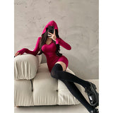 goosudu Riley Solid Color Hooded Long Sleeve Slim Ruched Mini Dress