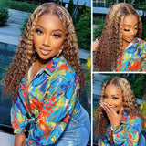 Deep Wave Closure Wigs Human Hair 4/27 Ombre Highlight Deep Wave Wig 5x5 Hd Lace Front Wigs Human Hair 200 Density Glueless Curly Wigs For Black Women With Baby Hair Pre Plucked 22 24 26 28 30 32 34inch