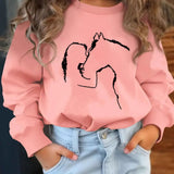 Vibrant Girl Kissing Horse Silhouette Print Crew Neck Long Sleeve Sweatshirt - Soft, Trendy, Casual, Comfortable, Versatile Top for Autumn & Winter - Unique Gift Idea for Horse Lovers, Teens, and Girls