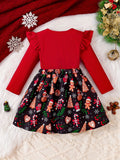 Girls' Festive Christmas Dress with Ruffle Trim & Bow - Snowman, Candy Cane & Tree Print - Perfect for Holiday Parties & Gifts, for Christmas, Autumn