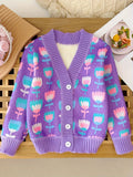 Allover Hearts Pattern Knit Cardigan For Girls, Comfy Casual Long Sleeve Knitted Outerwear Autumn/ Spring Clothes, 1pc