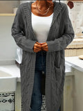 Plus Size Solid Cable Knit Open Front Cardigan, Elegant Pocket Hooded Long Sleeve Long Length Knitted Cardigan, Women's Plus Size Clothing