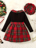 Girls' Plaid Long Sleeve Dress Set - Comfy Casual Wear with Contrast Collar, Includes Beret, Perfect for Winter and Fall Parties, Gift Idea