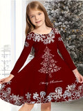 Girls' Festive Snowflake Christmas Dress - Knee-Length, Long Sleeve, Crew Neck with Embroidered Details - Perfect for Holiday Parties & Gifts, Ages 2-13