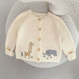 Adorable Baby Girl's Embroidered Cardigan - Soft Knitted Coat with Fun Giraffe and Elephant Graphic Print, Casual Comfortable Wear for Daily Life and Outdoor Activities in Spring and Autumn Seasons