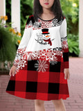 Adorable Snowman & Geometric Print Long Sleeve Dress for Girls - Perfect for Christmas, Fall/Winter Collection