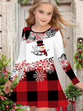 Adorable Snowman & Geometric Print Long Sleeve Dress for Girls - Perfect for Christmas, Fall/Winter Collection