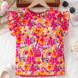 Stunning Floral Ruffle Sleeve Blouse - Vibrant Crew Neck Top for Girls - Sweet Casual Summer Wear with Relaxed Fit and Soft Fabric