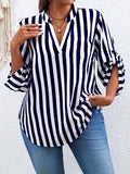 Plus Size Striped Print Blouse - Relaxed-Fit V Neck Roll Tab Sleeve Design for Everyday Comfort - Perfect for Spring, Womens Confident Clothing