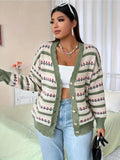 Plus Size Floral Pattern Knitted Cardigan, Casual Button Front Long Sleeve Cardigan, Women's Plus Size Clothing