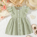 Girls Charming Gingham Ruffle Sleeve Dress Shirt - Fashionable Square Neck, Lettuce Trim, Non-Stretch Woven Fabric, Machine Washable, Perfect for Summer Picnic Outfits and Casual Occasions