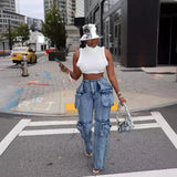 Goosudu High Waist Blue Smart Patch Pocket Jeans