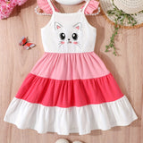 Adorable Cartoon Kitty Girls Summer Dress - Cute Ruffles, Contrast Stitching & Easy-Care Knit Fabric