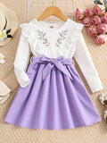 Elegant Floral Princess Dress for Girls - Chic Ruffled Design with Belt, Long Sleeves, All-Season Polyester Wear