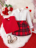 3pcs Girl's Trendy Outfit Set: Sweet Bow Plaid Skirt + Long-Sleeve Solid Shirt + V Neck Knit Vest, Suitable for Spring Fall Daily, Party, Christmas Gift