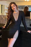 goosudu Long Sleeve V Neck Bodycon Mini Dress