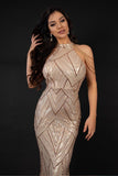 goosudu Sequin Halterneck Maxi Mermaid Prom Dress - Champagne