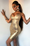 goosudu Metallic Gold Bandage Mini Cocktail Dress