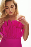 goosudu Feather Strapless Midi Bandage Dress - Hot Pink